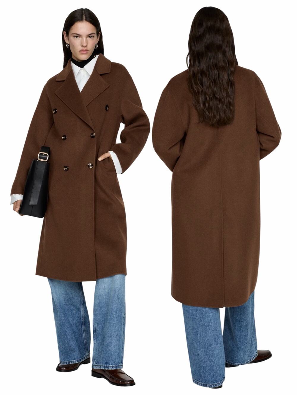 Mango MNG Handmade Oversized Double Breasted Wool Coat Brown Size L